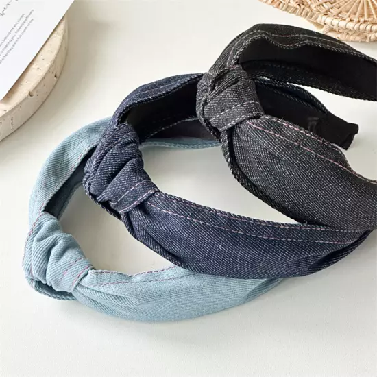 Women Girl Retro Denim Hair Band Cross Twisted Wide Headband Head Hoop Headwear