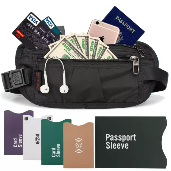 RFID Blocking Travel Money Belt - Waterproof Security Waist Wallet Passport Bag