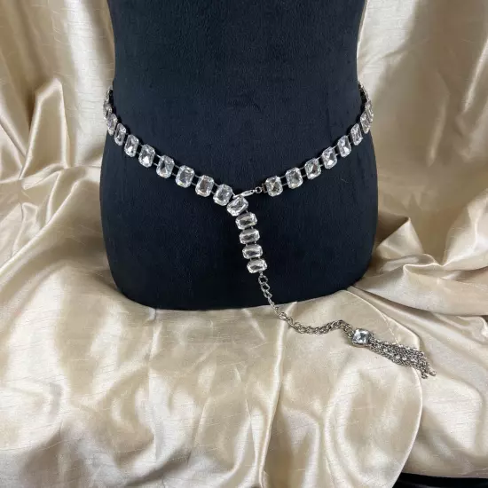 Women's Silver Chain Belt Adjustable Jeweled Clear Rhinestones 32" with 6" Chain