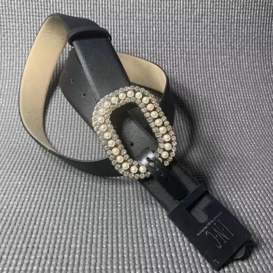 INC International Concepts Womens Belt Large Black Gold Embellished Buckle Bling