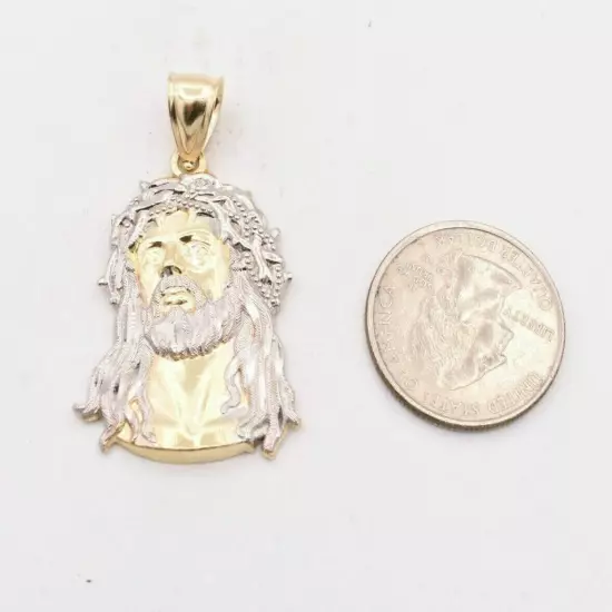 1 3/4" Jesus Head Diamond Cut Two-Tone Pendant Real SOLID 10K Yellow White Gold