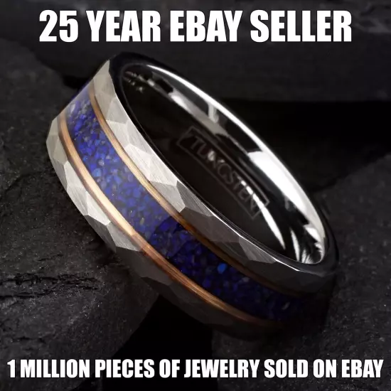 Black Tungsten Carbide Blue Lapis Lazuli Rose Gold Plated Wedding Band Ring