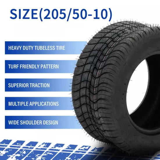 Set of 2 205/50-10 Street & Turf Golf Cart Tires 4 Ply Rated Tubeless 407Lbs