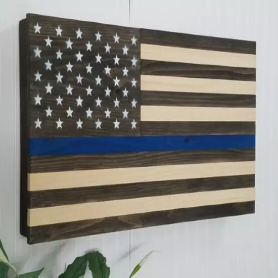 THIN BLUE LINE USA FLAG GUN CONCEALMENT CABINET SECRET HIDDEN STORAGE RACK CASE 