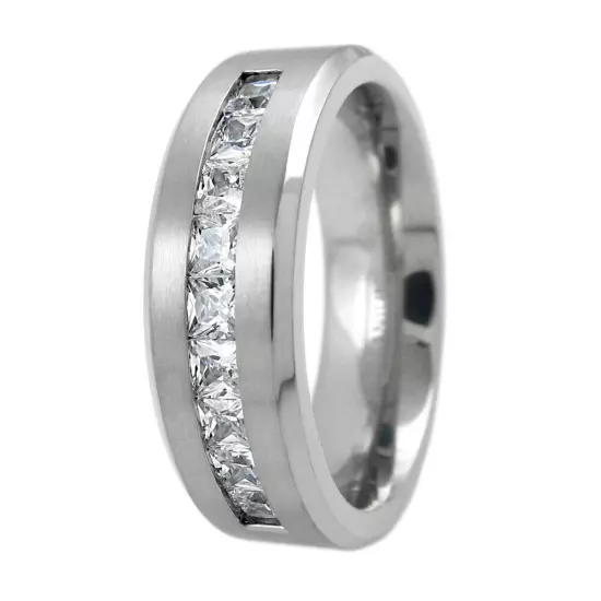 8mm Titanium Men's 1.8 Carat Princess Cut CZ Brushed Center Wedding Band Ring