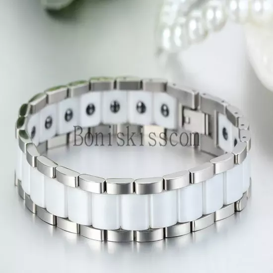 13mm Wide Men's Ceramic Link Stainless Steel Power Therapy Magnetic Bracelet