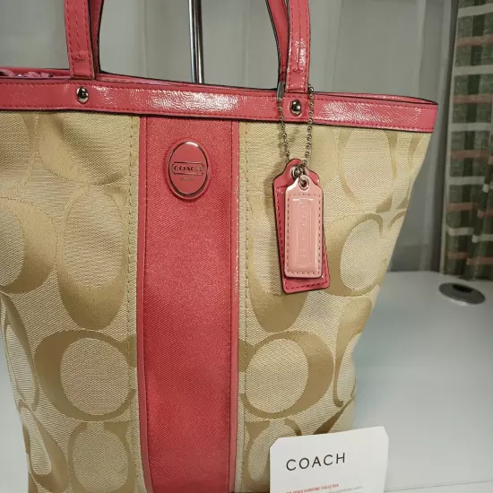 Coach Shopper Medium Pink Khaki Tote Purse Signature Stripe Canvas Patent Leathe