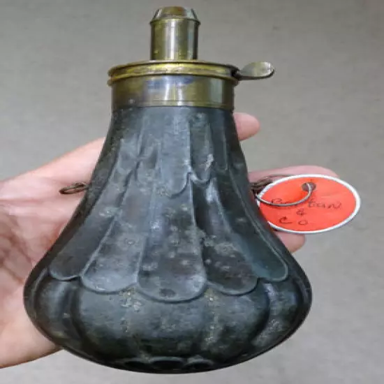 ANTIQUE Bartram CIVIL WAR ERA Hunting ZINC POWDER FLASK Horn / Not Copper Brass