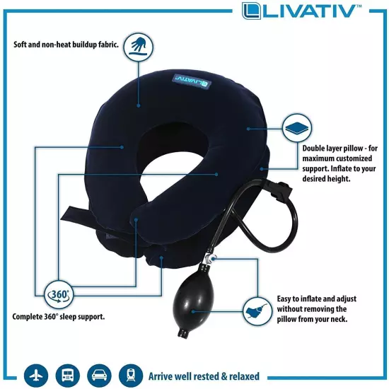 Livativ Maximum Support Travel Neck Pillow – Inflatable Travel Pillow with Hand