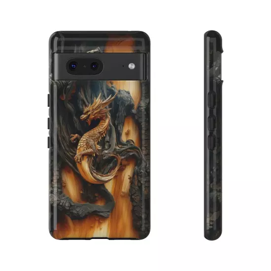 For iPhone, Samsung Galaxy, Pixel - Phone Case Cover - Carved Wood Dragon Print