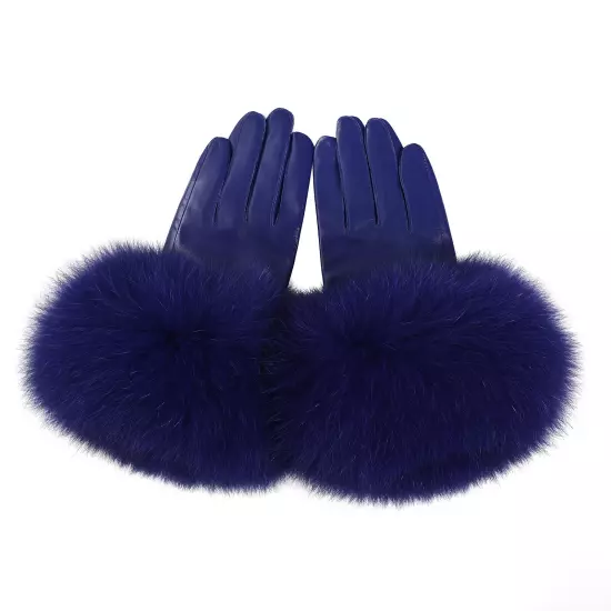 Women Genuine Lambskin Leather Gloves With Real Fox Fur Trim Cuff Winter Warm