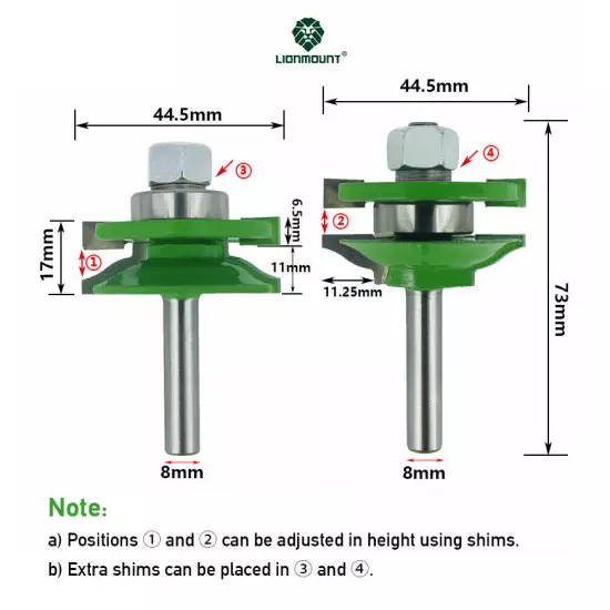 8mm Shank Tenon Joint Router Bits Set Tongue & Groove Woodworking Cutter Green