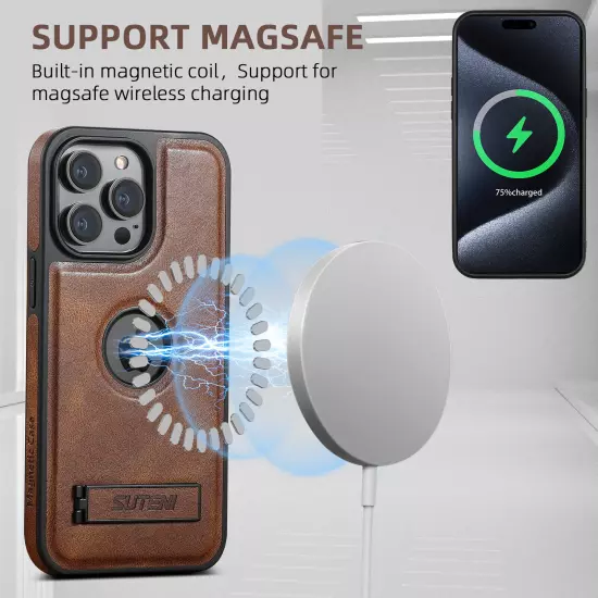 Fr iPhone 16 Pro Max/16+ Vintage PU Leather Shockproof Mag-Safe Stand Case Cover