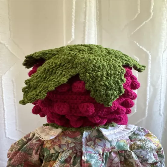 Handmade Pink Green Raspberry Knitted Hat Beanie With Flowers