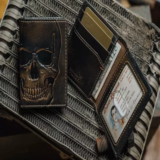 HoJ Co. SKULL Slim Card Wallet | Minimalist Bifold Card Case | Slim Front Pocket