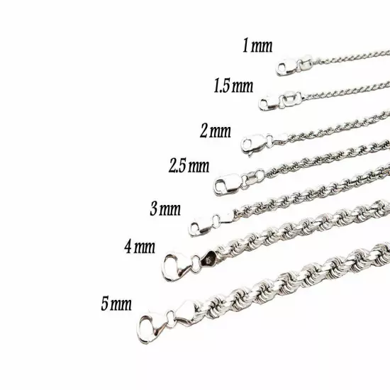 14k Solid White Gold Rope Chain Necklace D/cut 1mm-5mm Mens' Women Sz 16"-30"