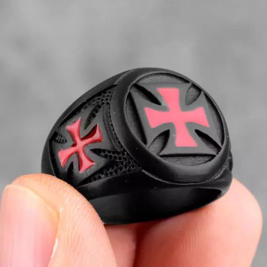 Red Cross Knights Templar Maltese Black Stainless Steel Mens Punk Biker Ring