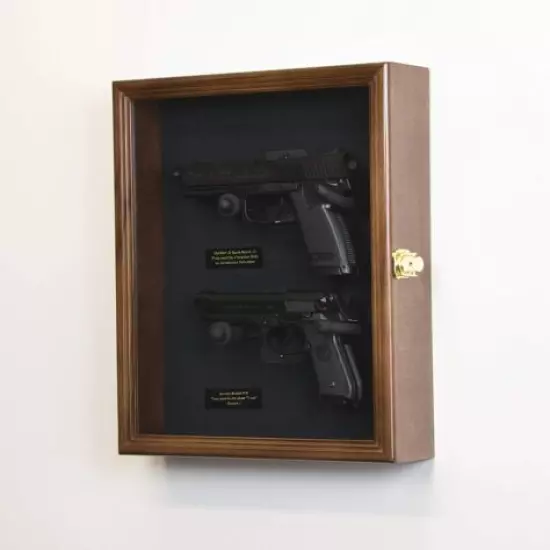 Gun Display Case 2 Guns Walnut LED Light Wood USA Handgun Pistol Revolver Lock 