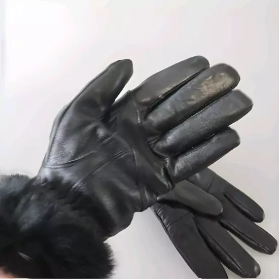 Women's Sz XL Lined Black Leather Gloves With Rabbit Fur Trim EUC