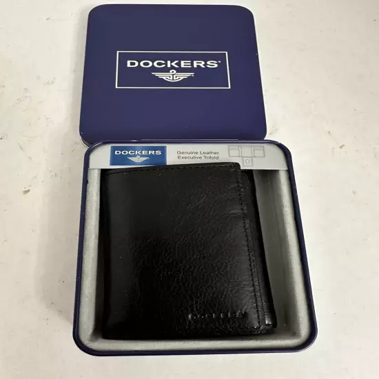 Vintage dockers genuine leather executive trifold black mens wallet tin can 