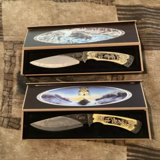 2 New Ornamental Knife Sets “Brand New”. 1 Wolf & 1 Bear With Salmon Check Pics