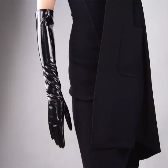 LATEX GLOVES Shine Leather Faux Patent Vegan PU 8" 21cm Short Basic Shine Black