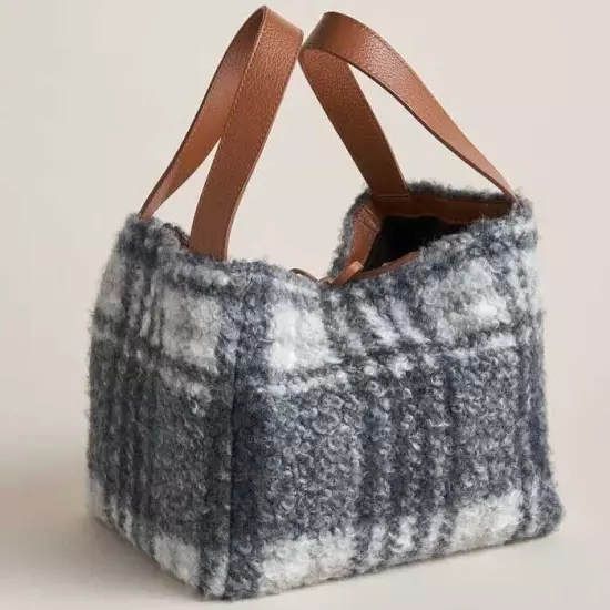 Sundance Maple Glen Teddy Plaid Tote Bag Felted Textured Pebbled Leather Preppy 