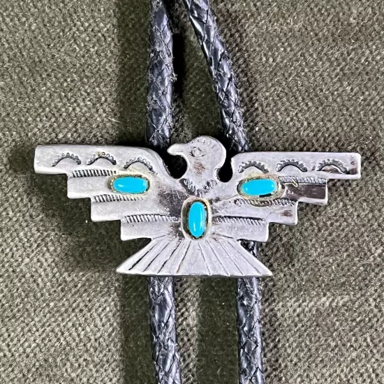 Vintage Turquoise Silver Bolo Tie With Western Black Braided Cord