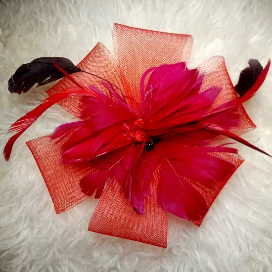 Red Fascinator Headpiece Mesh & Feathers Melbourne Cup / Red Hat Society 20x20cm