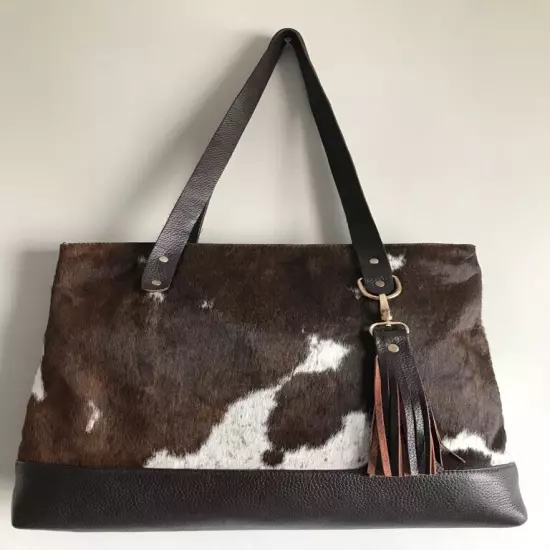 Women Cowhide Tote Bag Real Hair On Tricolor Shoulder Bag Cowhide Fur Purse Bag