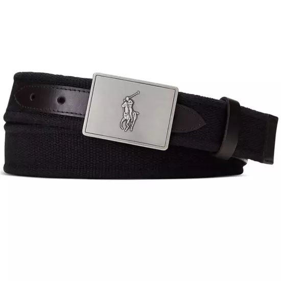 NEW Polo Ralph Lauren Men’s Pony Plaque Woven Canvas & Leather Belt Black 40