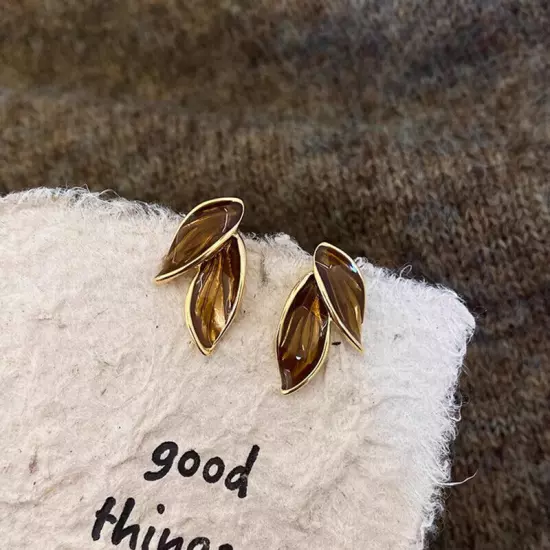 Vintage Enamel Brown Fallen Leaves Stud Earrings For Women Girls Fashion Korean