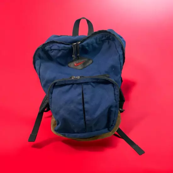 Vintage 90s Leather Suede Bottom Nike Bubble Swoosh Logo Backpack Blue Korea