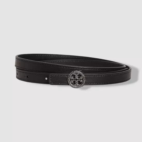 Tory Burch Women's Black Crystal Logo Leather Belt Size M