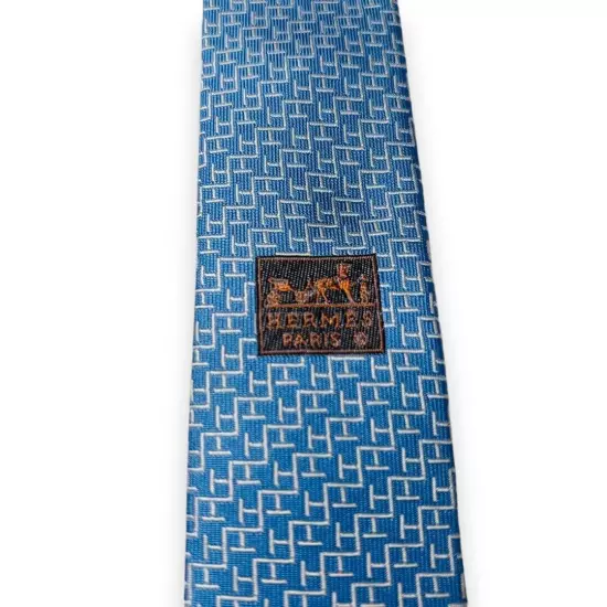 HERMES Necktie Men's Tie Sky Blue H-weave 100% Silk Made in France Free Shipping