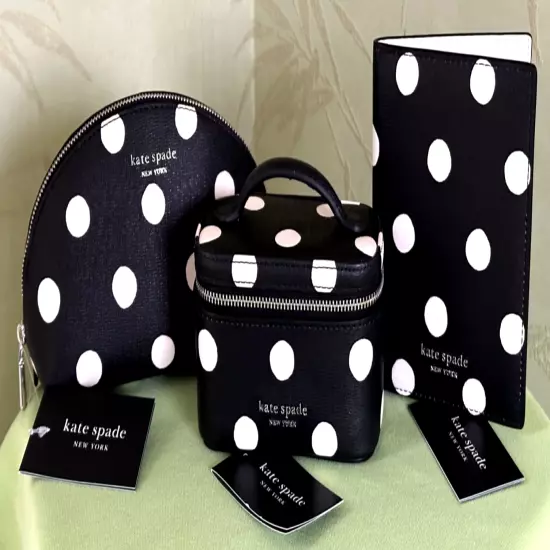 KATE SPADE MORGAN SUNSHINE DOT 3-PIECE TRAVEL SET:NWT COSMETIC,JEWELRY,PASSPORT