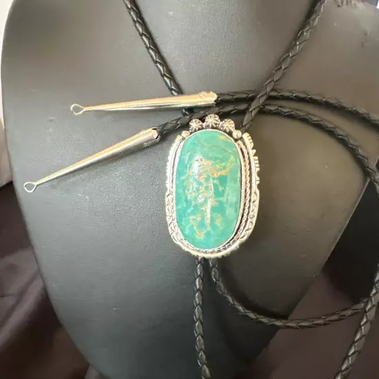 Navajo Bolo Tie Yazzie Sterling Silver Blue Green Turquoise 18007