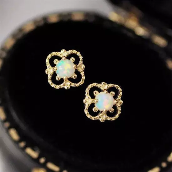 Cute Women White Fire Opal Stud Earring 18k Yellow Gold Plated Wedding Jewelry