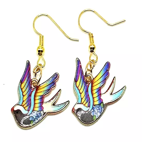 Colorful Enamel SWALLOW Birds Tattoo Style Dangle Drop Earrings Stainless Hooks