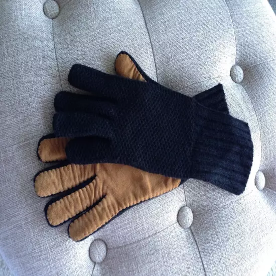 Made in Italy gloves black cashmere tan leather suede winter palms used sz 6.5