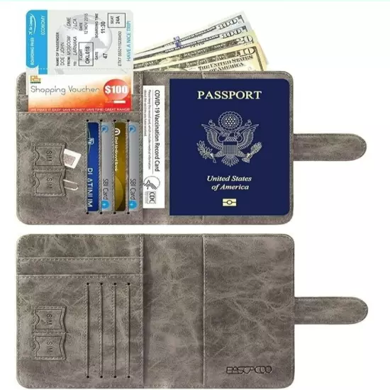 Grey Unisex Passport Holder Wallet NEW RFID Blocking Leather Card Case Travel