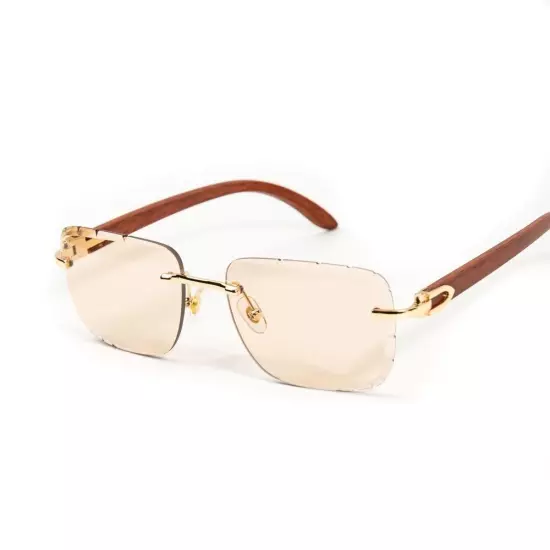 Men's Tan Tint Rimless Gold Frame Woodgrain Gem Cut Hip Hop Sunglasses