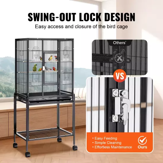 53'' Rolling Metal Birdcage with Rolling Stand and Castor Wheels, Parrot Cage wi