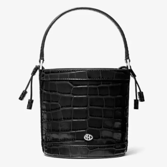 MICHAEL KORS COLLECTION Audrey Medium Croc Embossed Leather Bucket Bag in Black