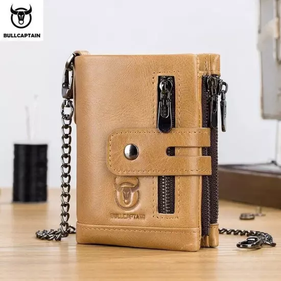 BULLCAPTAIN Men RFID Blocking Genuine Leather Card Holder Zipper Wallet Chain