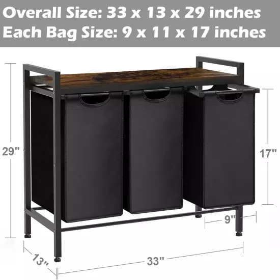 Large Laundry Hamper Sorter with 3 Removable & Pull-Out Sorting Bags, Wooden Top