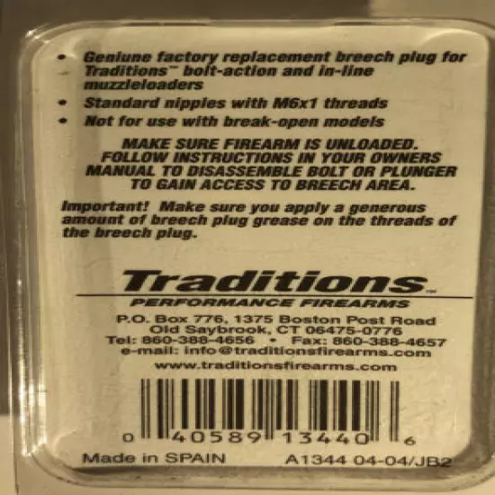 Traditions Replacement Breech Plug-A1344 Fits Standard Nipples W M6x1 Thread NEW