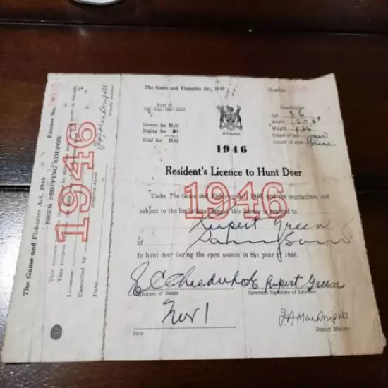 1946 Ontario Deer Hunting License + tag - Lands & Forests Game Fisheries L&F MNR