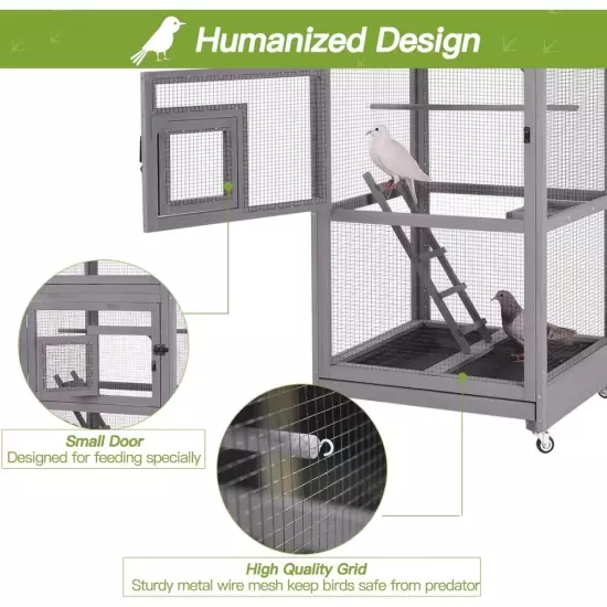 71in' Outdoor Large Wooden Bird Cage on Wheels Play Stand Perch Nest Cockatiel