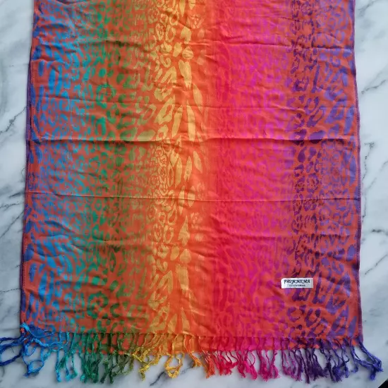 Pashmina Skarf Shawl Wrap Rainbow Animal Print Ombre Tassels 100% Pashmina 27×63